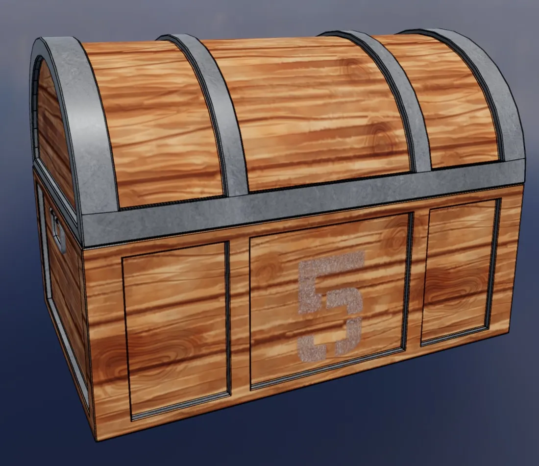 A painted number 5 stamped as a decal on the front panel of the wooden chest