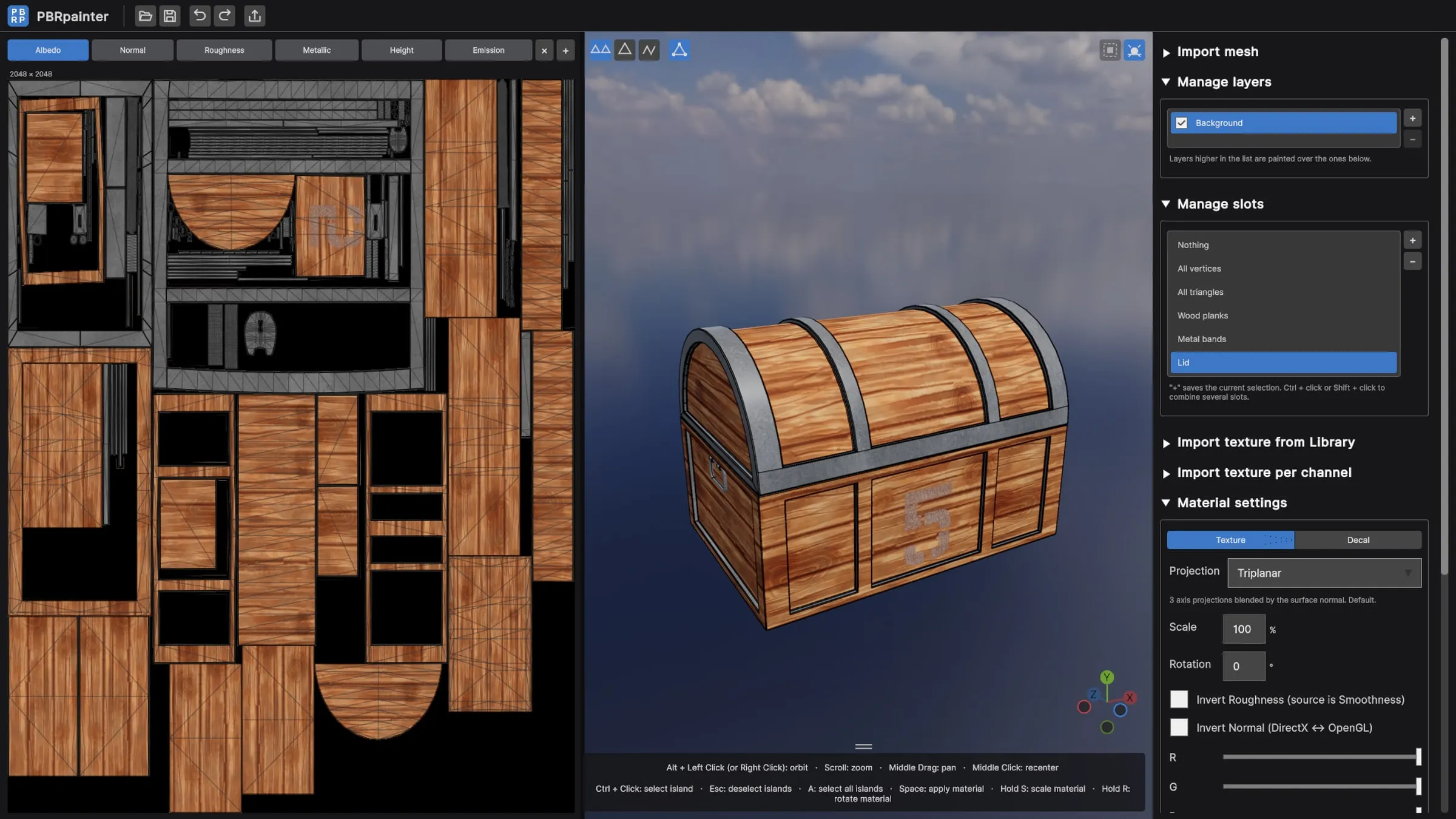 PBRpainter with a textured wooden chest: UV layout on the left, 3D viewport with an outdoor environment in the center, layers, slots and material settings on the right