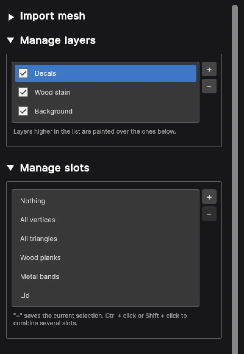 PBRpainter side panel: layers, saved selection slots and material settings
