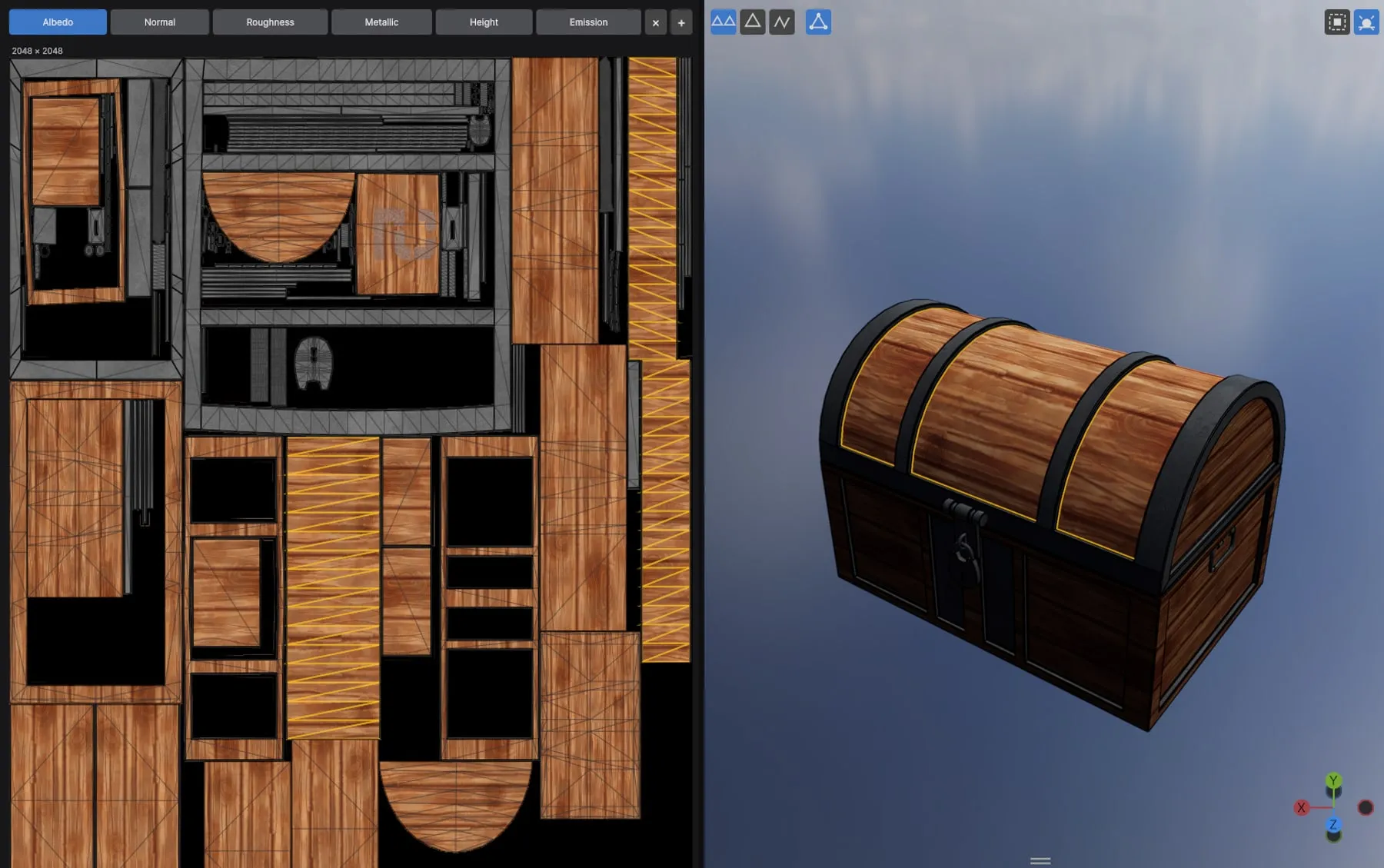 The three lid panels of the chest selected: highlighted in the UV layout and in the 3D viewport, the rest of the model dimmed